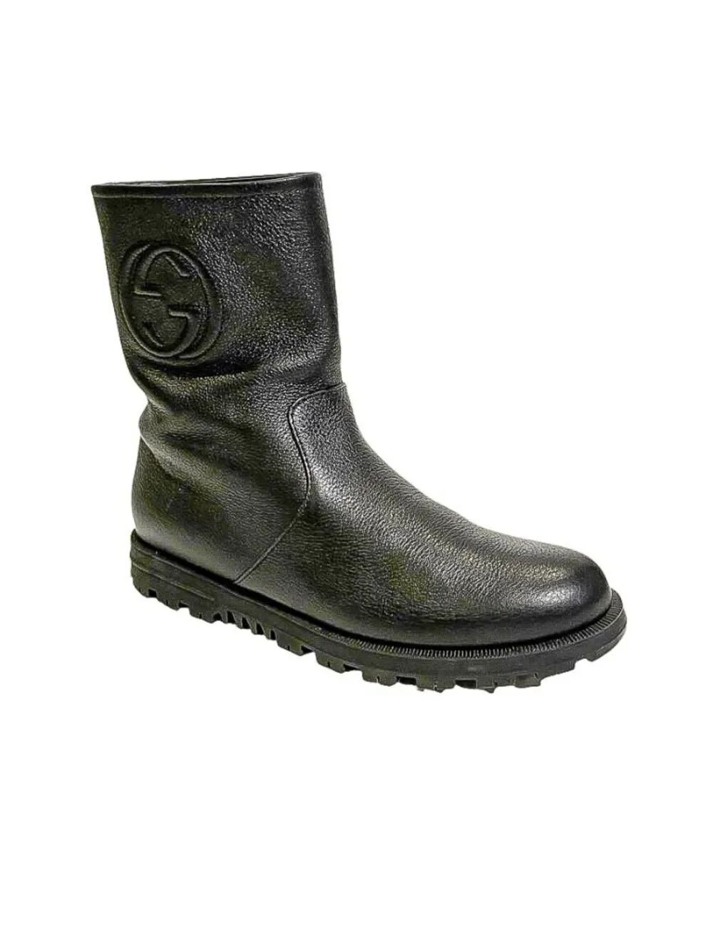 Gucci Interlocking G Pull On Boots EU 37 Black Pebbled Leather Lug Sole Low Calf
